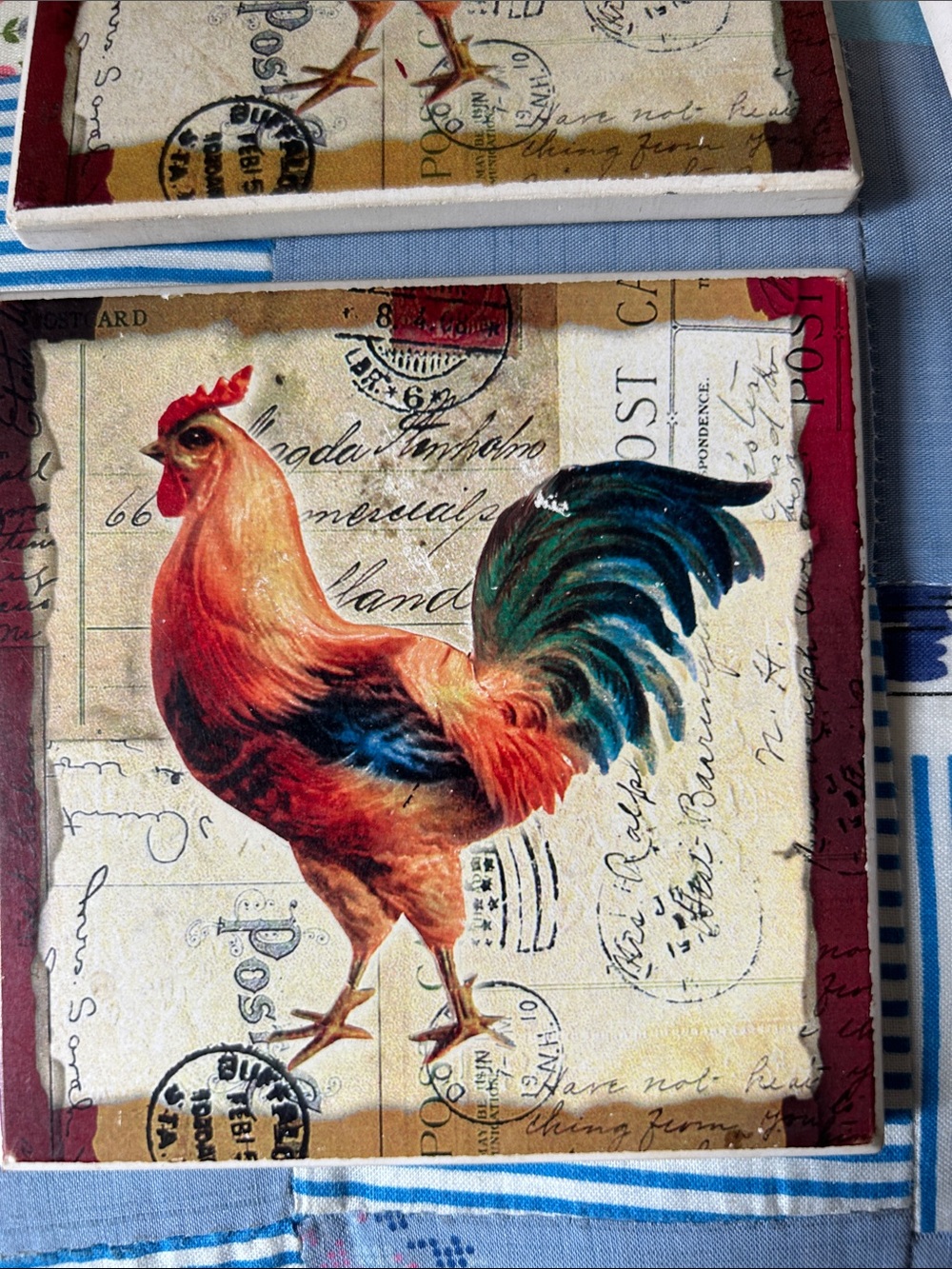Colorful Rooster ceramic coasters with cork backing. Total of 4.